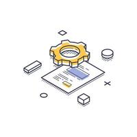 Creative isometric line art icon depicting a business startup process with a gear and document vector