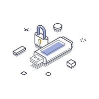 Data protection represented through isometric line art icon featuring a USB drive and padlock vector