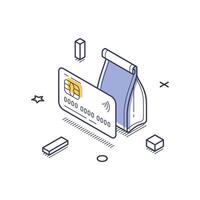 Isometric line art design for food delivery concept using a payment card and delivery bag vector