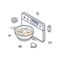 Food delivery icon showcasing a bowl of soup with an online ordering interface in isometric line art vector