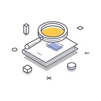 Online education icon featuring a magnifying glass and book in isometric line art style vector