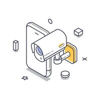 Isometric line art illustration of a personal data monitoring icon with a camera and smartphone vector