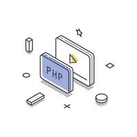 Isometric line art icon representing web development with PHP programming language vector