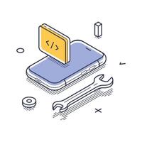 Isometric line art icon representing web development tools and mobile technologies in action vector