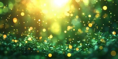 Soft sunlight filters through foliage, creating a magical atmosphere in a vibrant green forest during the golden hour photo