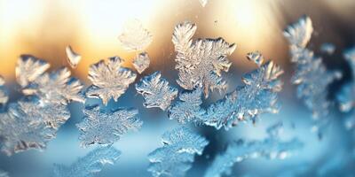 Frost patterns create intricate designs on a window during a winter sunrise photo