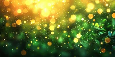 Bokeh lights create a magical atmosphere in a lush green environment during golden hour photo