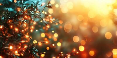 Glowing decorative lights create a magical ambiance in a serene garden during sunset hours photo