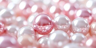 Beautiful assortment of shiny pink and white decorative pearls scattered across a soft surface photo