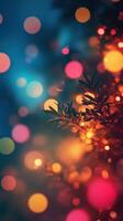 Vibrant Christmas lights create a mesmerizing bokeh effect, capturing festive holiday spirit in a winter evening setting photo
