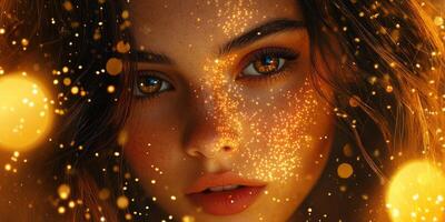 Sparkling portrait of a young woman with glowing eyes and golden glitter in a soft dark backdrop photo