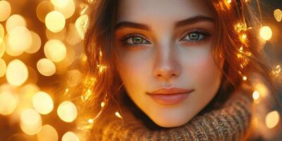 Captivating portrait of a young woman surrounded by warm, glowing lights during a cozy evening photo