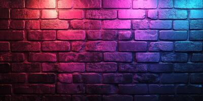 Colorful illuminated brick wall with vibrant hues and texture in a dark environment photo