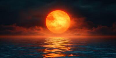 Large orange sun setting over calm ocean waters with dark clouds and reflective waves photo