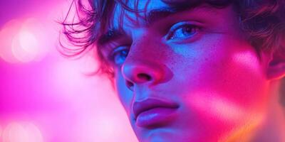Close-up portrait of a young man illuminated by vibrant purple and pink lights during a creative photoshoot photo