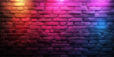 Colorful illuminated brick wall creates an artistic backdrop in a vibrant urban setting at night photo