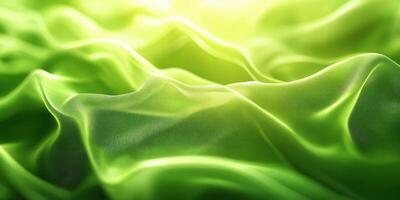 Textured green fabric draping softly with light shining through, creating a smooth and flowing appearance in a close-up view photo