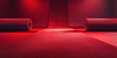 Bright red carpet rolls create a dramatic entrance in a theatrical setting for a red carpet event photo