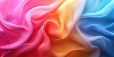 Vibrant silk fabric flowing gracefully in hues of pink, orange, and blue, creating an abstract display of colors photo