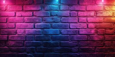 Colorful neon lights illuminate an urban brick wall in a vibrant display during nighttime photo