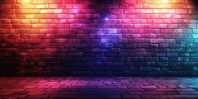 Vibrant brick wall illuminated with colorful lights ideal for creative performances and events photo