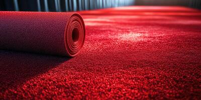 Bright red carpet being rolled out in a glamorous venue for a special event at sunset photo