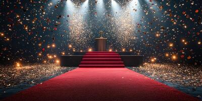 Bright lights illuminate a red carpet event with a podium surrounded by sparkling confetti photo