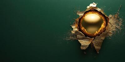 Golden sphere breaking through a textured green surface with cracked edges and luminous glow photo