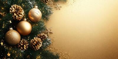 Elegant Christmas decorations featuring gold ornaments and pinecones on a festive background photo