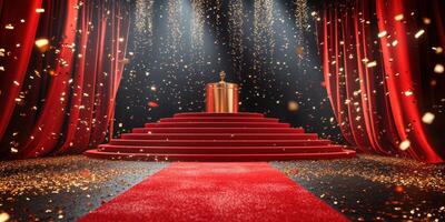 Golden trophy on a red carpet stage surrounded by curtains and confetti during an award ceremony photo