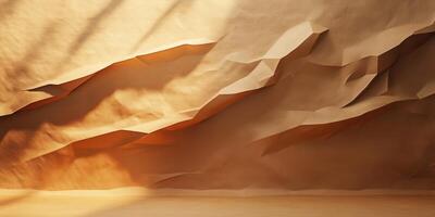 Artistic depiction of abstract mountains cast in warm light, showcasing intricate paper folds and shadows in an artistic setting photo