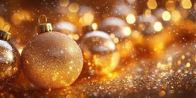 Gold and silver ornaments with sparkling lights create a festive atmosphere during the holiday season photo