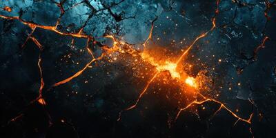 Visual representation of molten lava flowing through cracked earth during an eruption in a volcanic landscape at dusk photo
