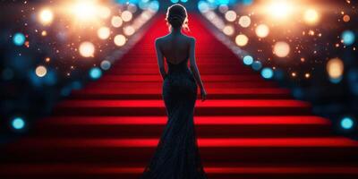 Elegant woman in glamorous dress walks down red carpet at night event with bright lights illuminating the surroundings photo