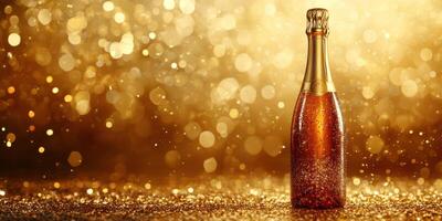 Sparkling beverage bottle creates a festive atmosphere with golden bokeh background during celebration photo