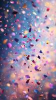 Colorful confetti falls gracefully in the air during a celebration at sunset with a vibrant backdrop photo