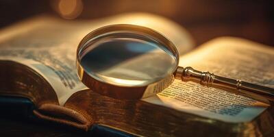 Magnifying glass resting on an open book with warm lighting creating a cozy reading atmosphere photo