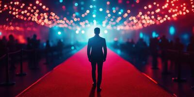 Man walks down red carpet under colorful lights at a glamorous event location in the evening photo