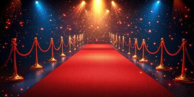 Red carpet setup with golden ropes and dramatic lighting creating a glamorous atmosphere for an event photo