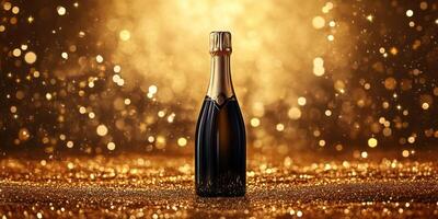 Champagne bottle surrounded by sparkling golden lights on a festive background during a celebration photo