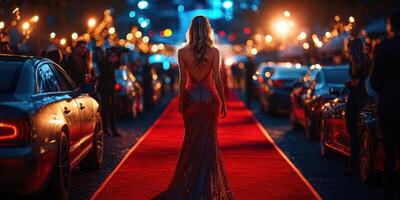 Elegant woman walks down glamorous red carpet at night event in a bustling city photo