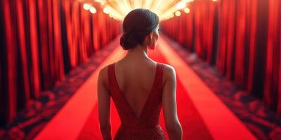 Elegant woman in red dress walking down a glamorous red carpet at a prestigious event photo