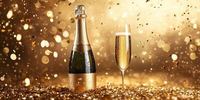 Celebratory champagne bottle and flute with golden confetti at a festive event in a luxurious setting photo