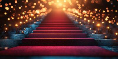 Stunning red carpet leading up to a beautifully illuminated venue with glowing candles at dusk photo