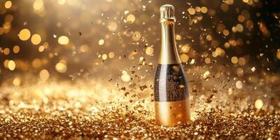Sparkling champagne bottle surrounded by golden confetti at a festive celebration photo