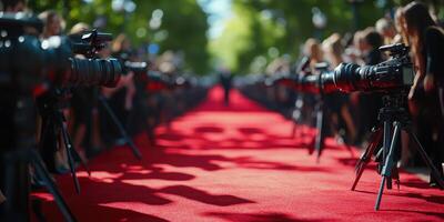 Crowds gather on a red carpet as cameras capture moments at a prestigious event in a sunny outdoor setting photo