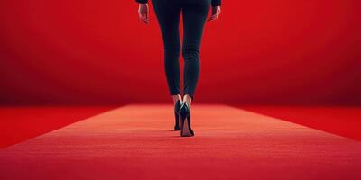 Stylish individual walks confidently on a red carpet backdrop in high heels photo