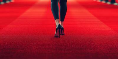 Elegant figure walks confidently down a red carpet at a formal event in the evening photo