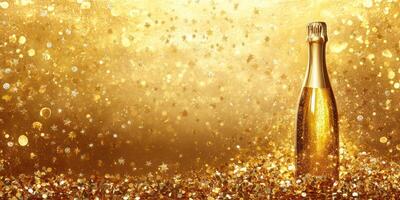 Celebration with champagne bottle surrounded by golden glitter and sparkling confetti for special occasions photo