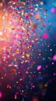 Celebration confetti bursts in vibrant colors during a festive event at night with dazzling light effects photo